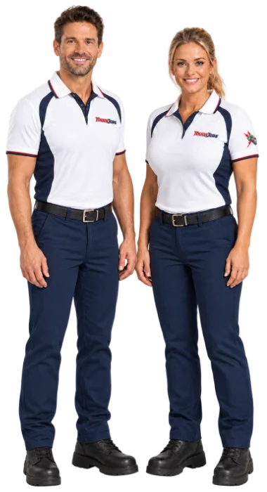 Two trades professionals wearing matching white and navy Toughjobs work polos with navy work pants