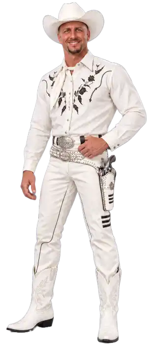 Drew in a white cowboy outfit