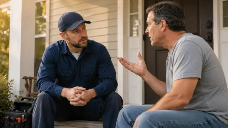 Technician calmly listening while dealing with a difficult customer on a front porch