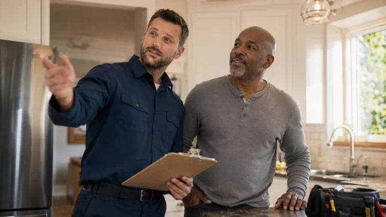 Technician walking a homeowner through the job to build trust and repeat clients