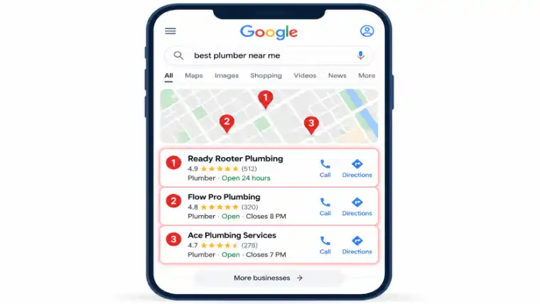 Google local map pack showing the top three plumber businesses that rank higher locally