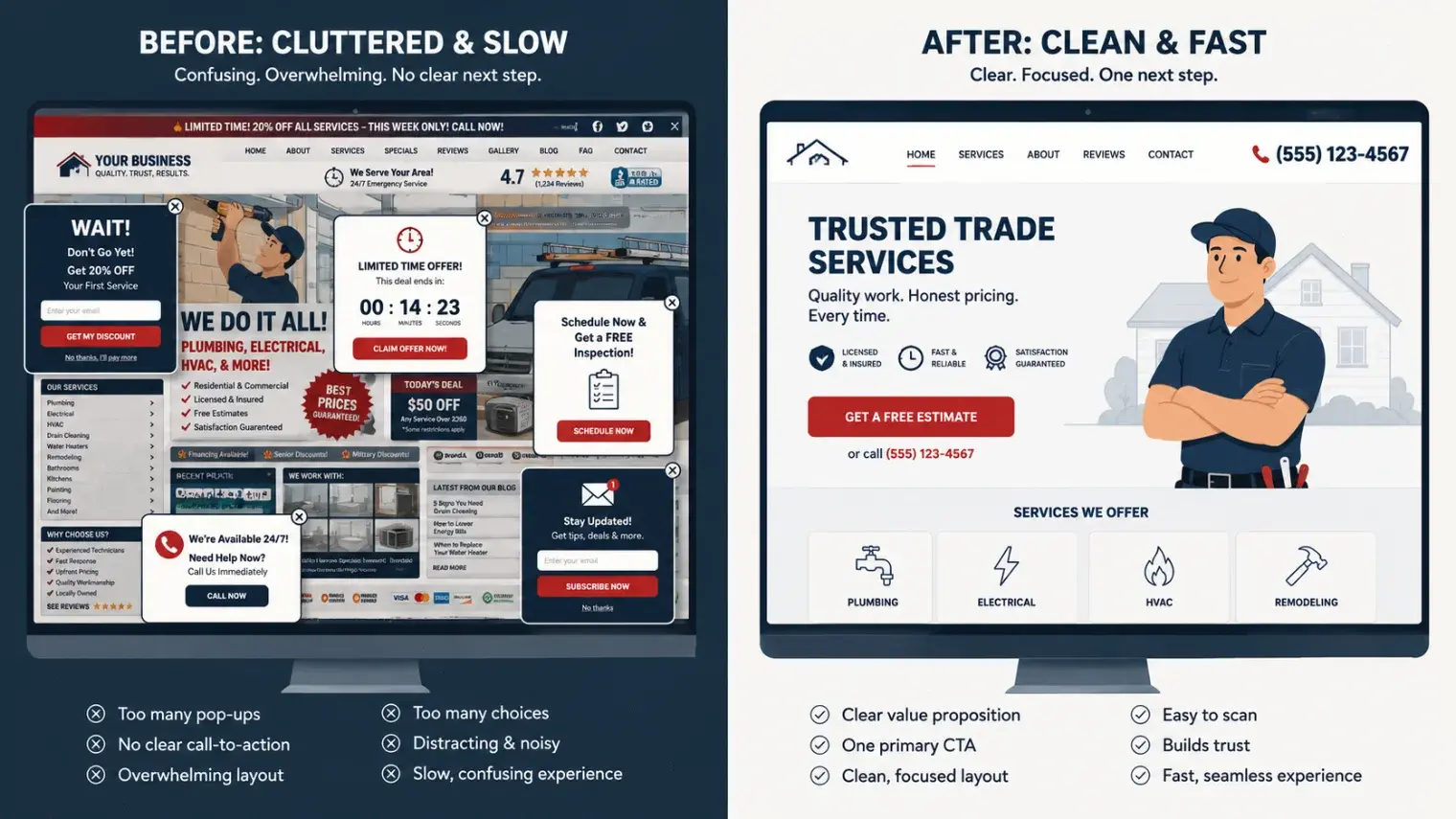 Before and after comparison showing how to stop bounce traffic with a clearer home page layout