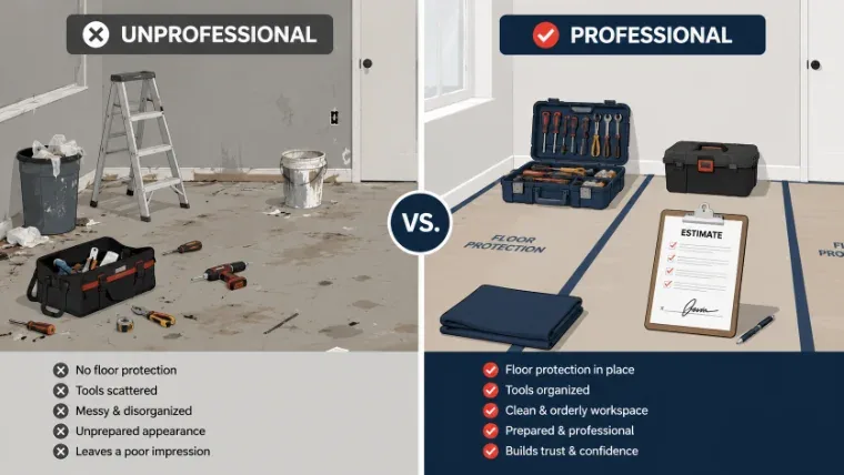 Comparison of an unprofessional versus professional job site setup for trade businesses