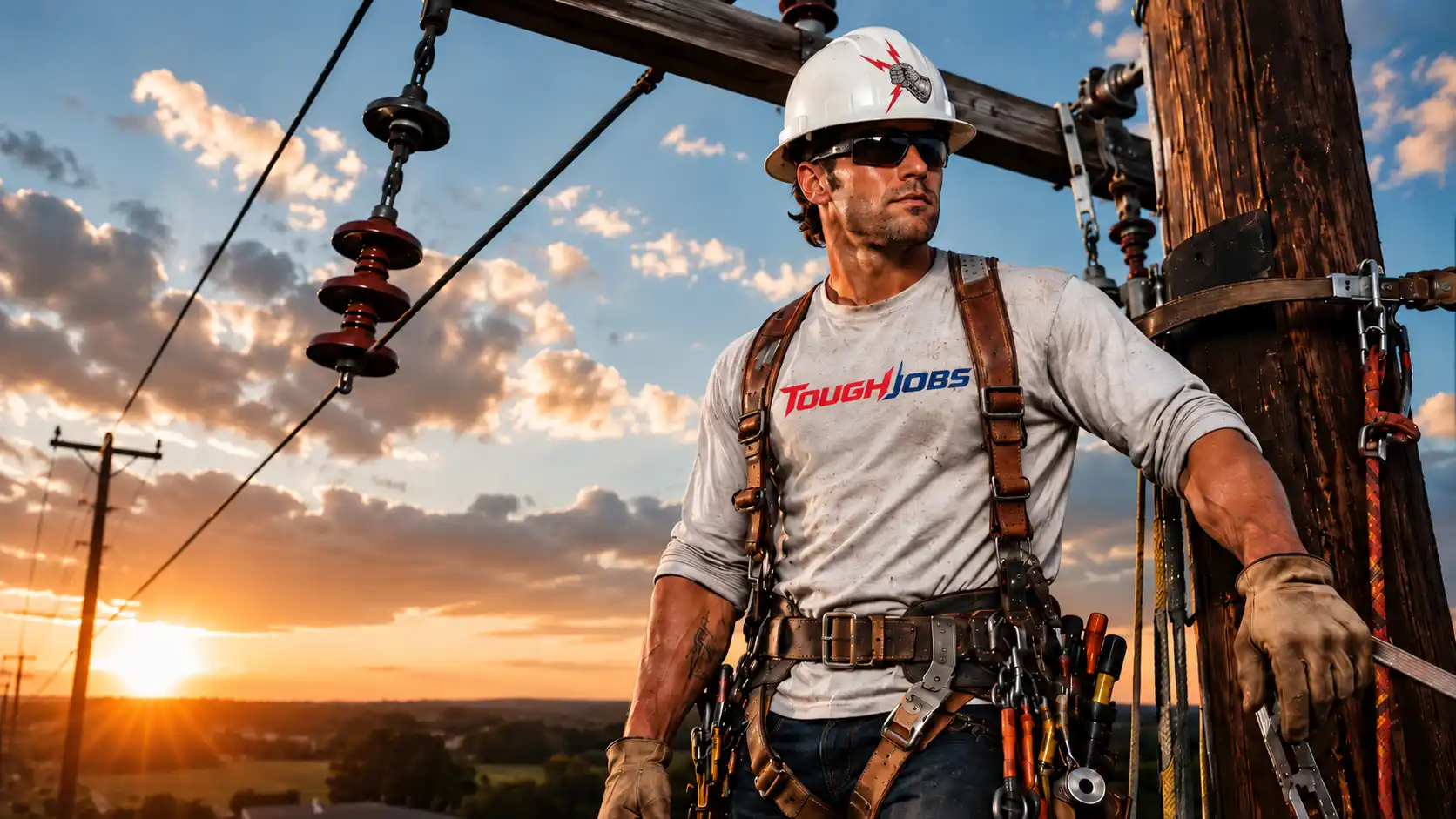 Electrician working on overhead power lines