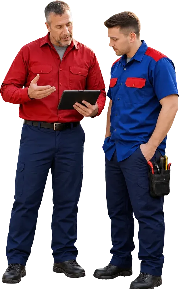 An experienced field-service coach reviewing customer-care standards with a technician