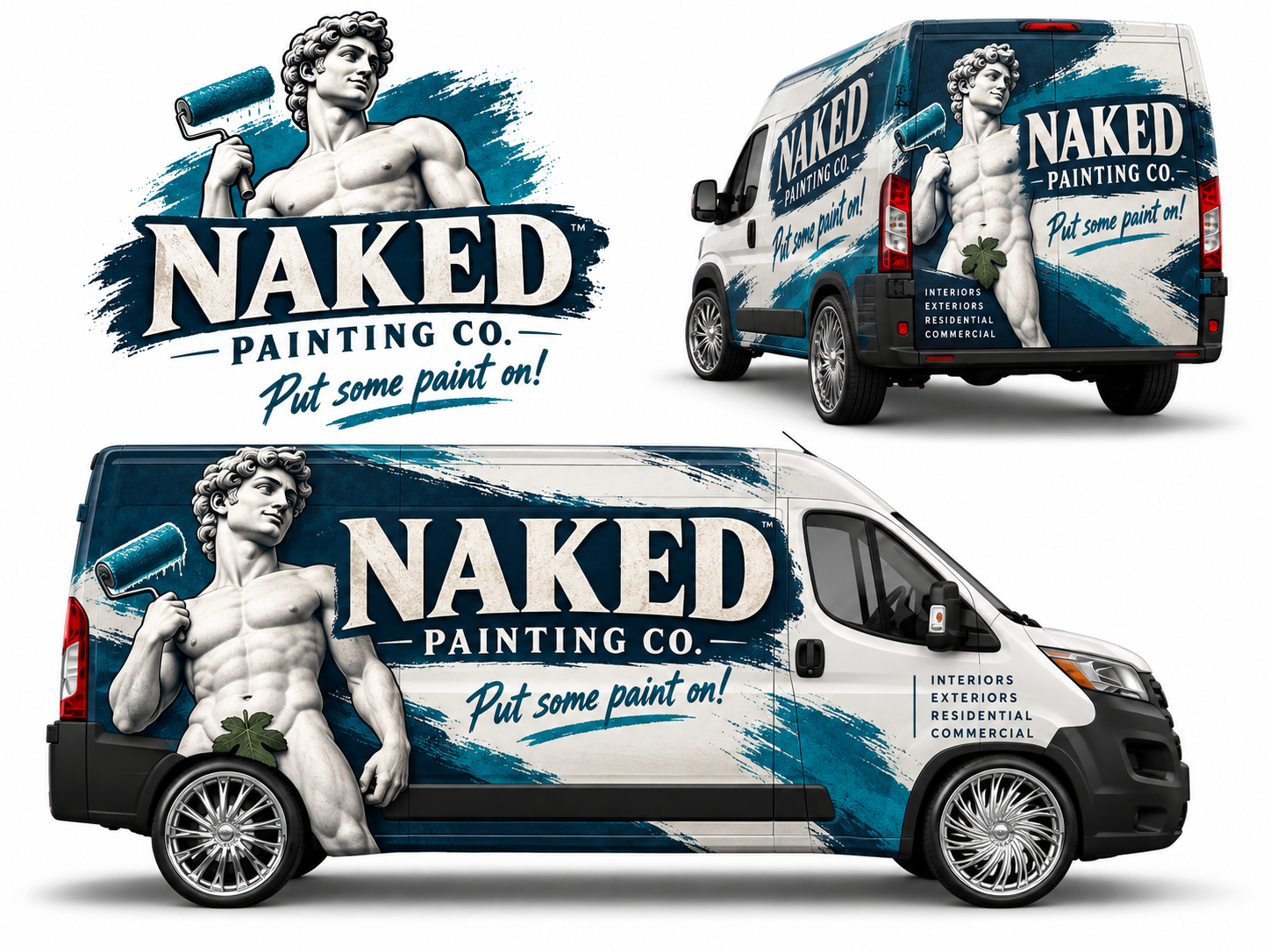 Naked Painting wrap concept showing the logo and two views of a teal and white cargo van