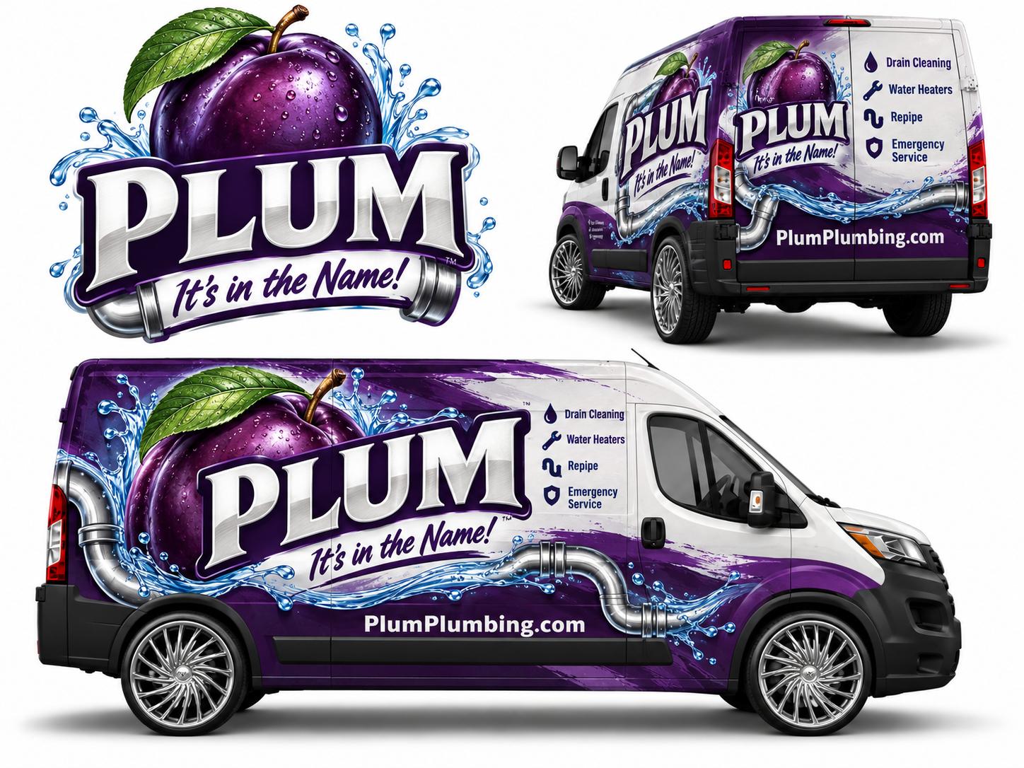 Plum Plumbing wrap concept showing the logo and two views of a purple cargo van