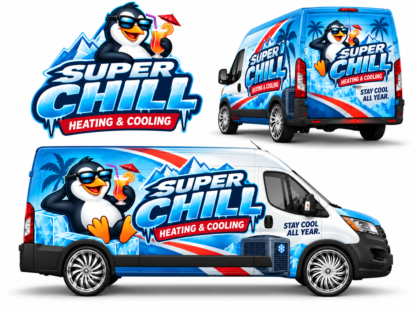 Super Chill heating and cooling wrap concept showing the logo and two views of a blue cargo van