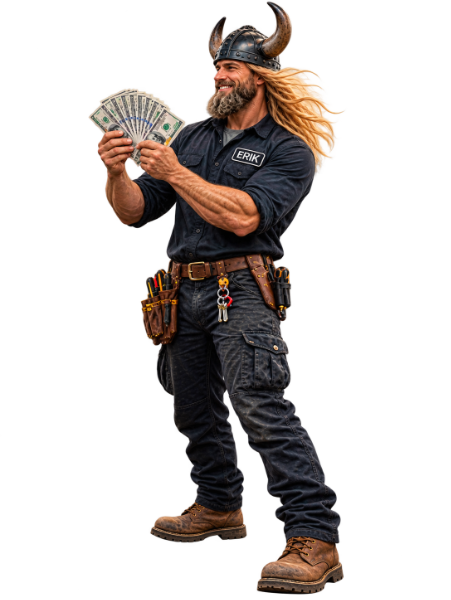 Viking electrician holding a fan of cash