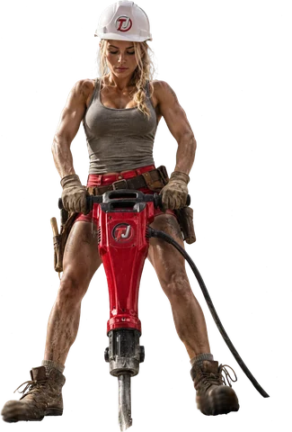 Tradeswoman in a Toughjobs hard hat operating a red jackhammer