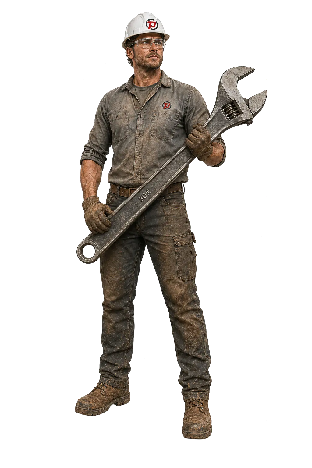 Toughjobs tradesman holding a large wrench